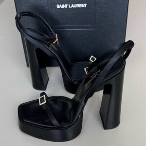 Saint Laurent YSL Platz 105 Platform Sandals Black Calfskin Heels Size 38
